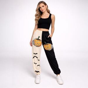 SHEIN Two-Tone Pumpkin Print Jogger Pants Black & Cream Halloween pumpkin bats M